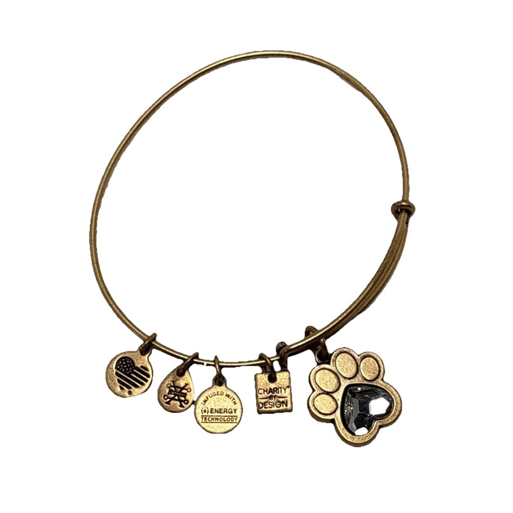Alex and Ani Paw Print Charm  Bracelet CAT DOG, Pet Gold Tone, Crystal, Recycled